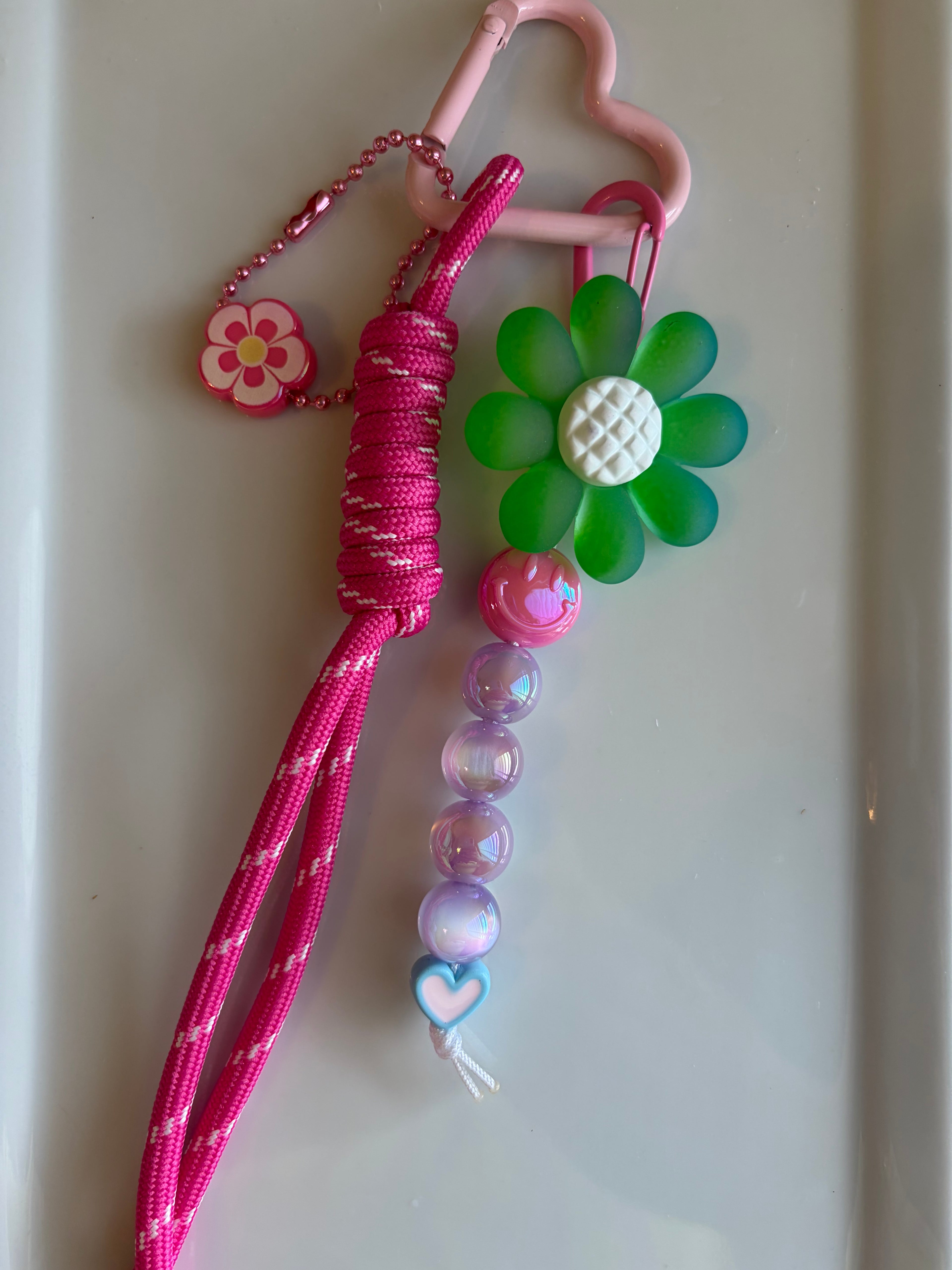 Green Flower Bag Charm - Pink Carabiner