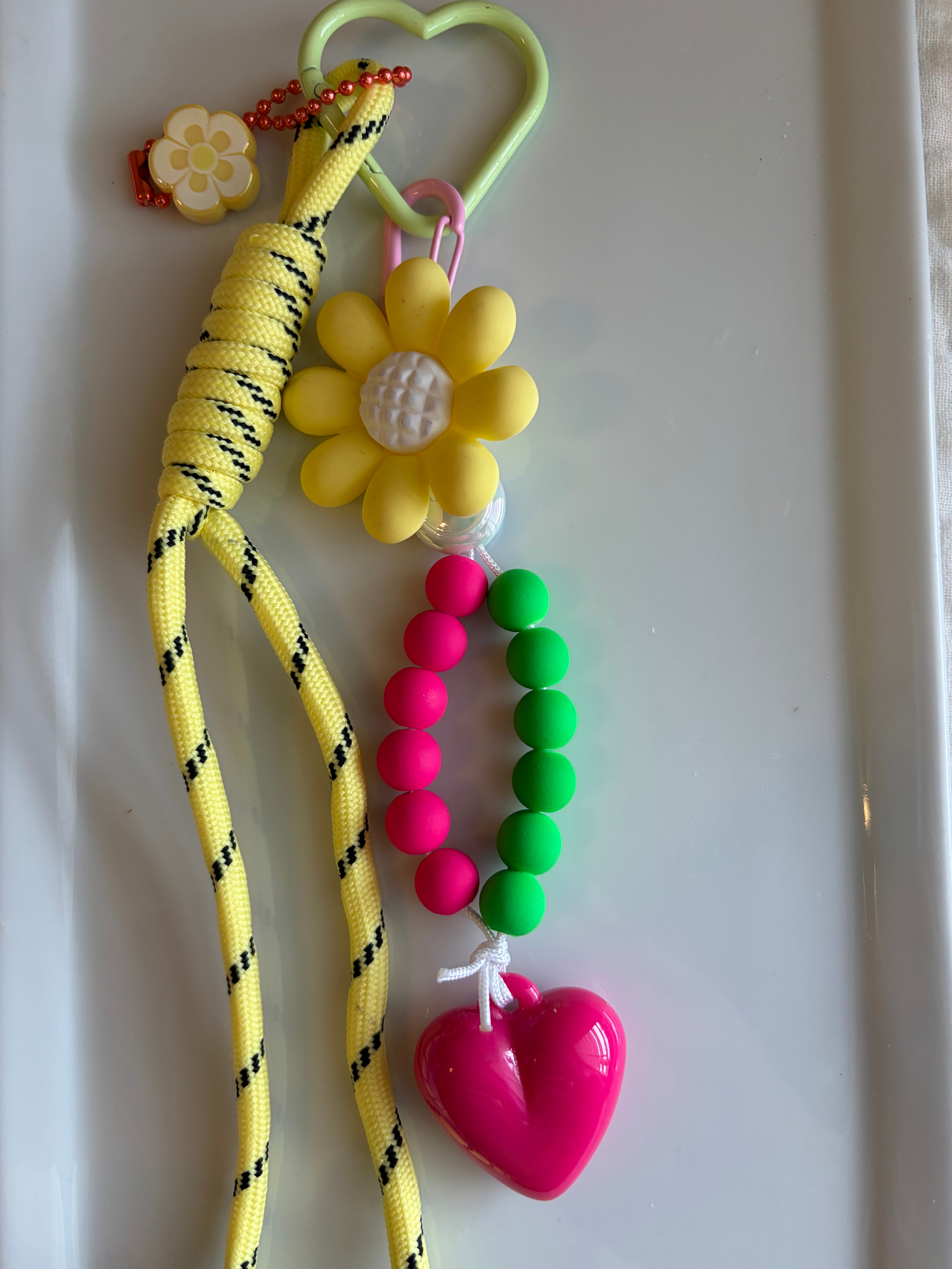 Yellow Flower Bag Charm - Green Carabiner